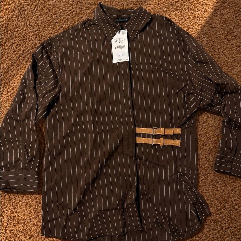 Zara Brown Pinstripe Button-Down Shirt with Tan Buckle Detail